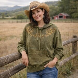 Green Hooded Sweatshirt with Gold Accents